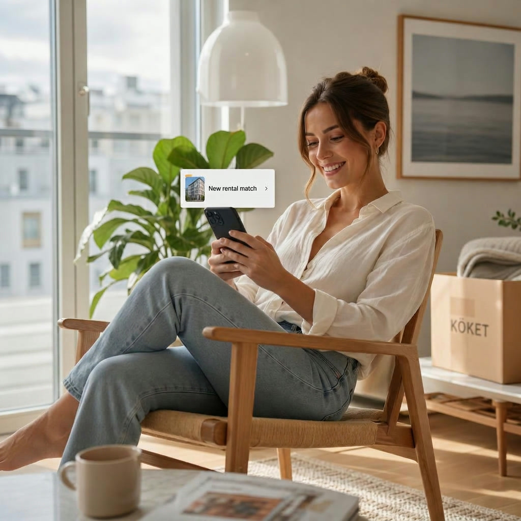 Happy renter receiving a new rental match notification on her phone