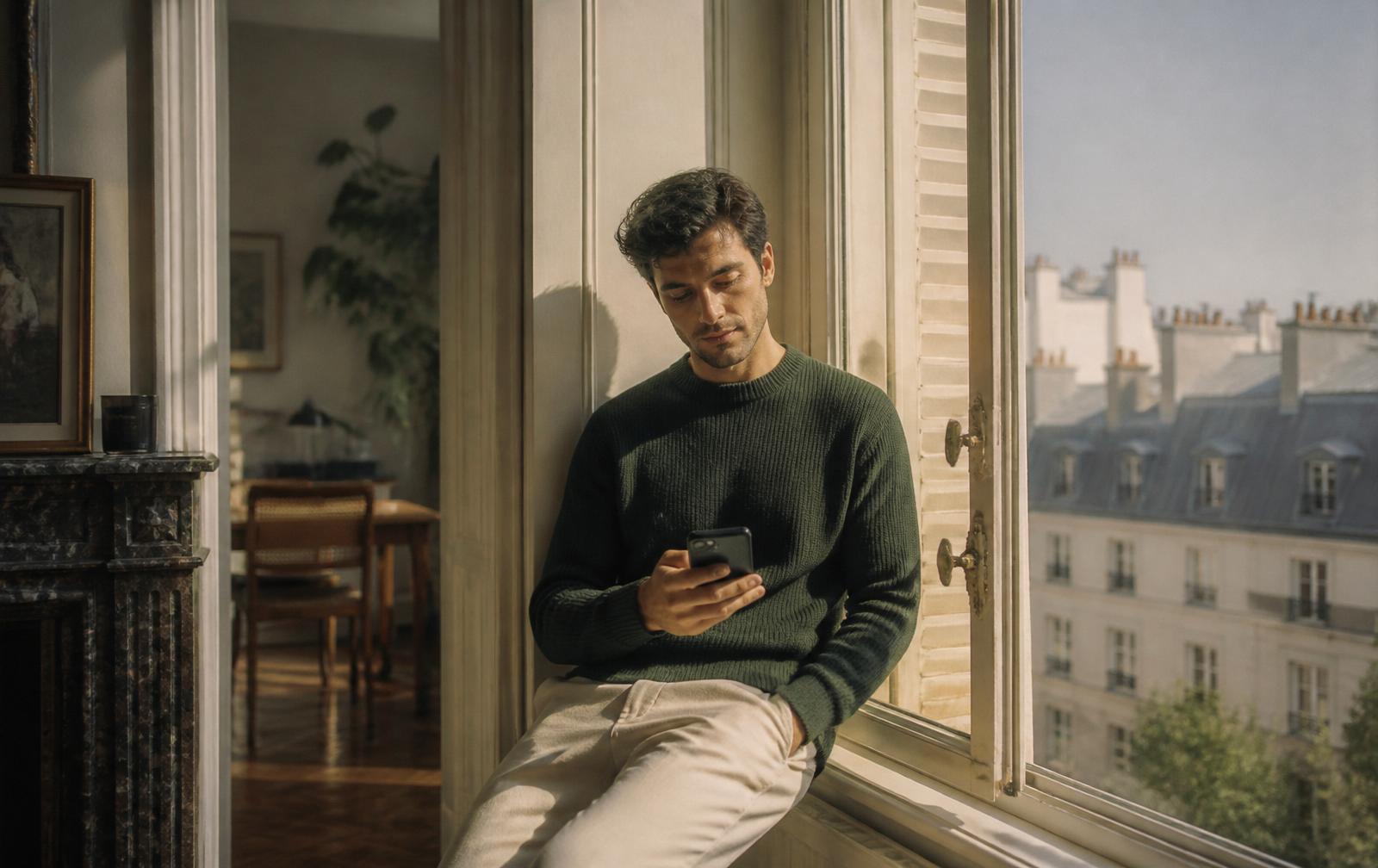 Person checking a rental alert in a sunlit Paris apartment